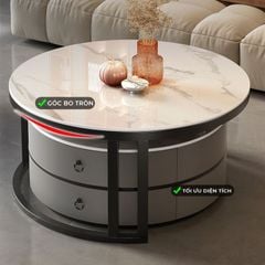 Bàn trà sofa đôi mặt vân đá tròn khung sắt có ngăn kéo - GM148