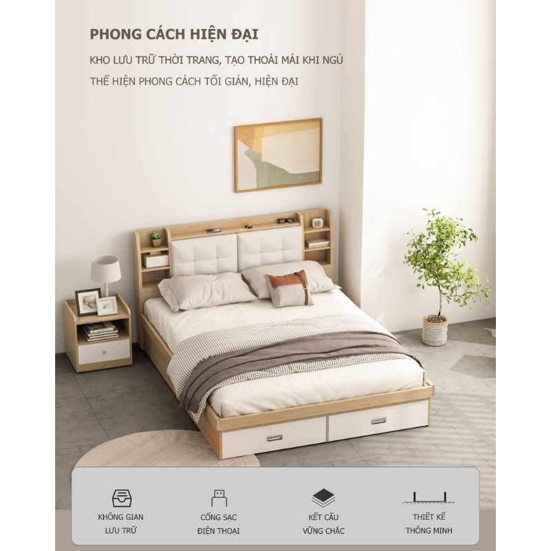 Giường Ngủ Thông Minh Nâng Hạ Có Ngăn Kéo, Kệ Sách - GP235