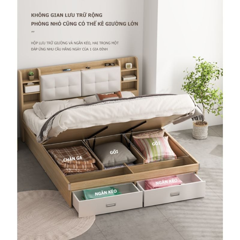 Giường Ngủ Thông Minh Nâng Hạ Có Ngăn Kéo, Kệ Sách - GP235