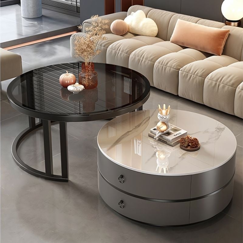 Bàn trà sofa đôi mặt vân đá tròn khung sắt có ngăn kéo - GM148
