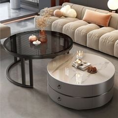 Bàn trà sofa đôi mặt vân đá tròn khung sắt có ngăn kéo - GM148
