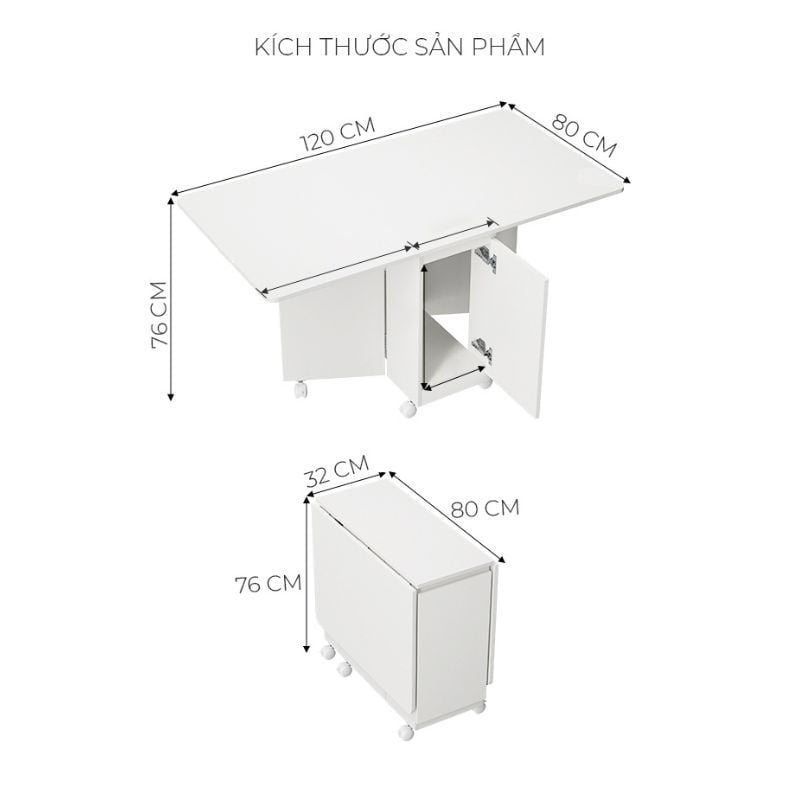 Bàn ăn thông minh trắng, có bánh xe di chuyển dễ dàng, tiện lợi - GP372