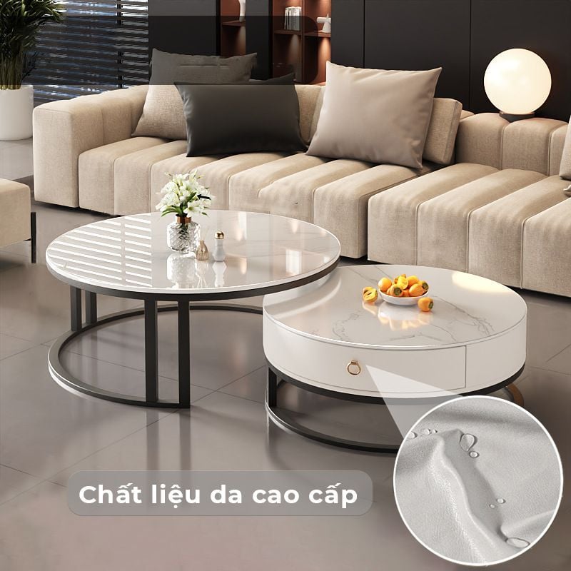 Bàn trà sofa đôi mặt vân đá tròn khung sắt có ngăn kéo - GM148