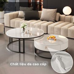 Bàn trà sofa đôi mặt vân đá tròn khung sắt có ngăn kéo - GM148