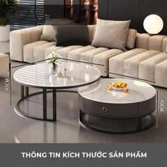 Bàn trà sofa đôi mặt vân đá tròn khung sắt có ngăn kéo - GM148