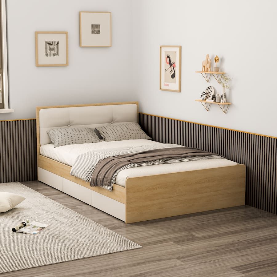Giường đơn có ngăn kéo vân gỗ trắng 1m6x2m GP239
