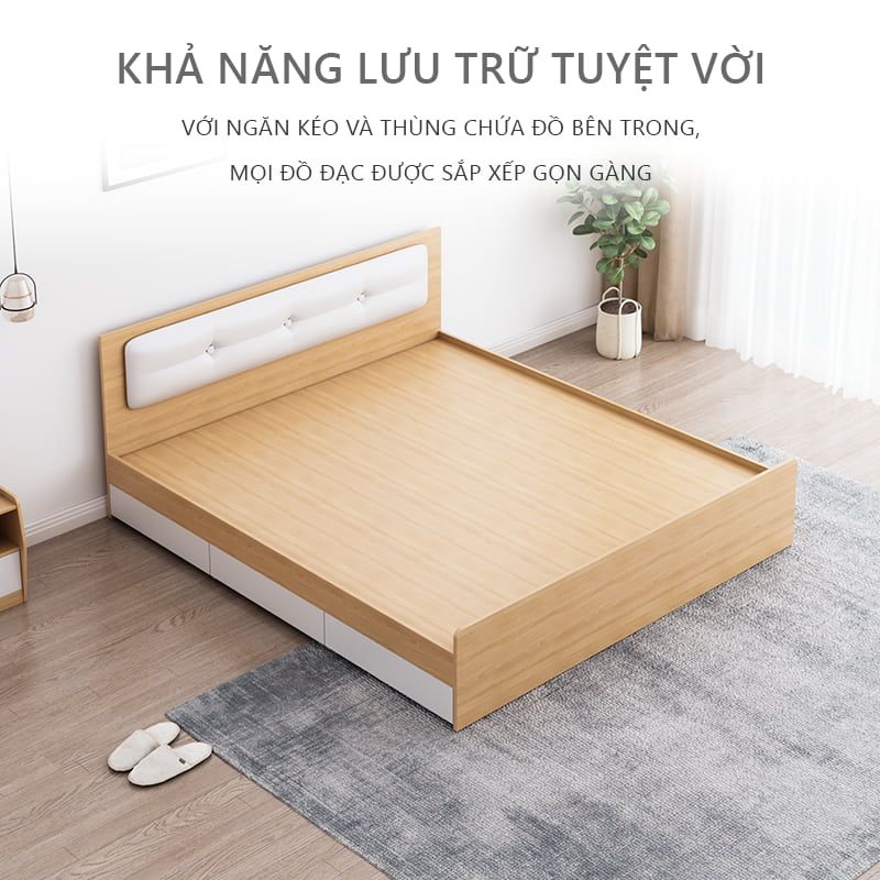 Giường đơn có ngăn kéo vân gỗ trắng 1m6x2m GP239