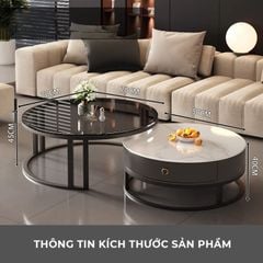 Bàn trà sofa đôi mặt vân đá tròn khung sắt có ngăn kéo - GM148
