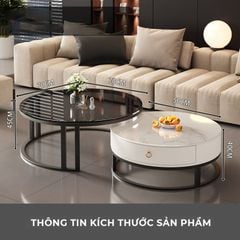 Bàn trà sofa đôi mặt vân đá tròn khung sắt có ngăn kéo - GM148