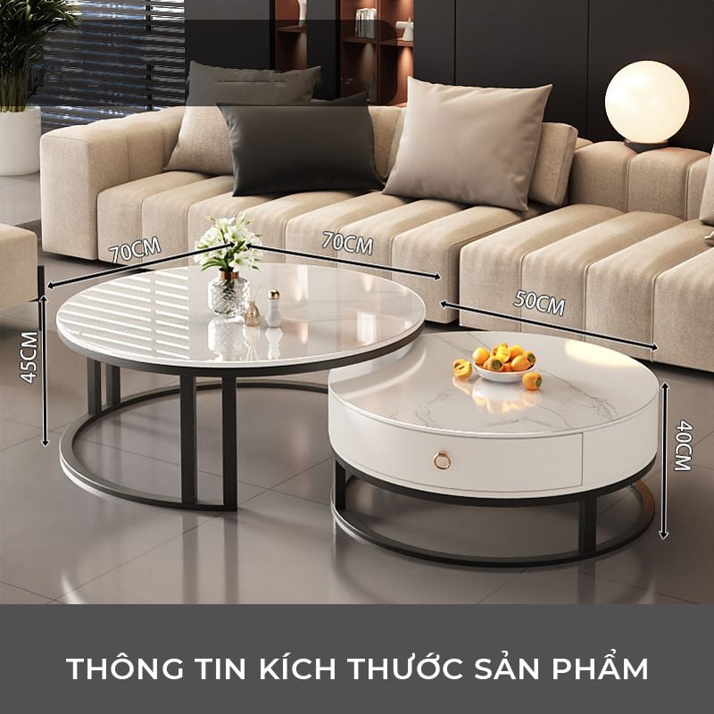 Bàn trà sofa đôi mặt vân đá tròn khung sắt có ngăn kéo - GM148