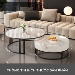 Bàn trà sofa đôi mặt vân đá tròn khung sắt có ngăn kéo - GM148