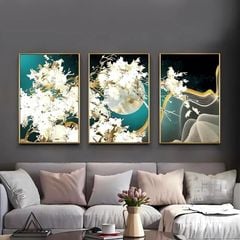 Tranh treo tường bộ 3 tấm hoạ tiết hoa trắng - GD30