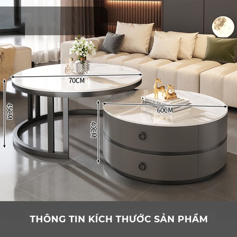 Bàn trà sofa đôi mặt vân đá tròn khung sắt có ngăn kéo - GM148