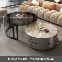 Bàn trà sofa đôi mặt vân đá tròn khung sắt có ngăn kéo - GM148