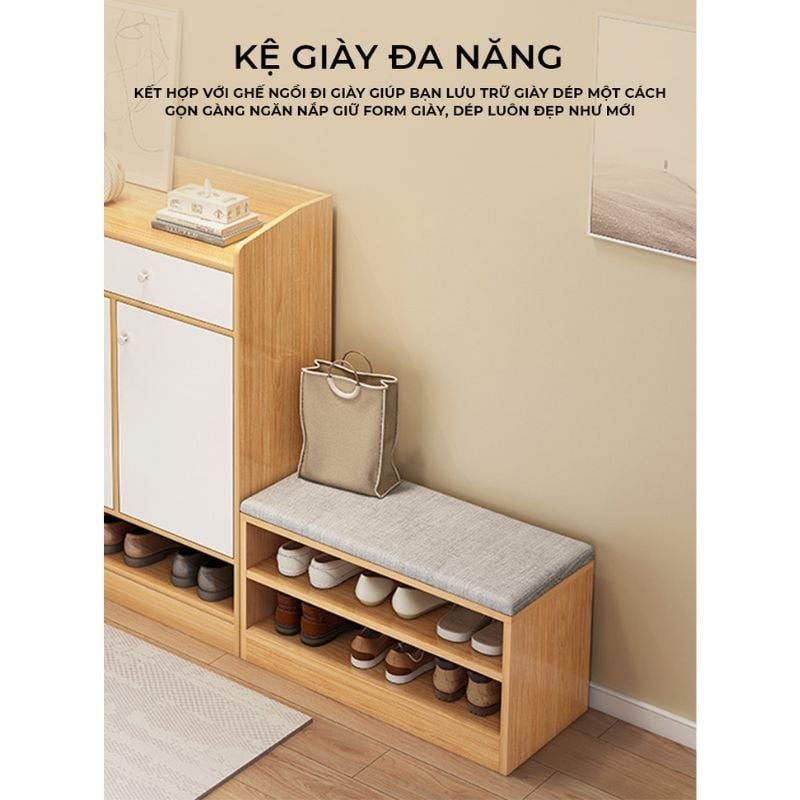 Kệ giày 2 tầng vân gỗ có đệm ngồi - GP322