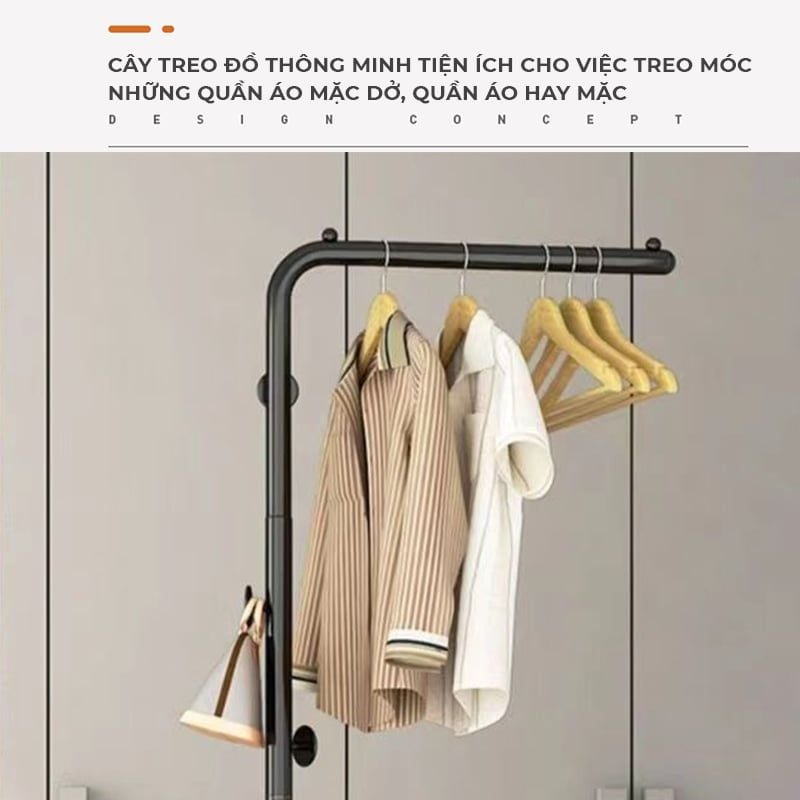Cây treo quần áo uốn khung đen đế gỗ trắng - GM91