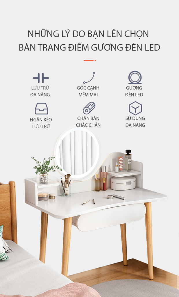 Combo bàn trang điểm GP201.01 trắng và ghế GP138.01 trắng