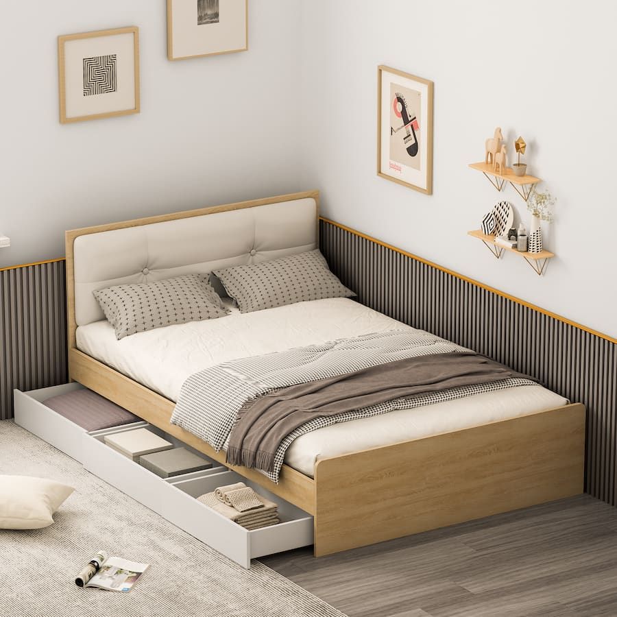 Giường đơn có ngăn kéo vân gỗ trắng 1m6x2m GP239