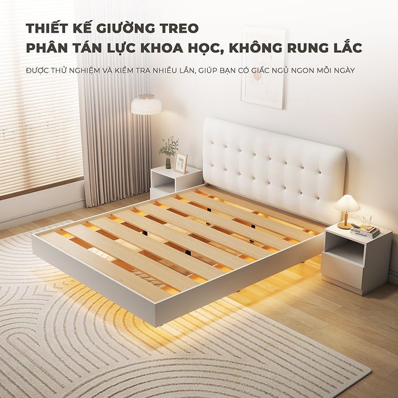 Giường bay vân gỗ có đệm giường màu trắng - GP346