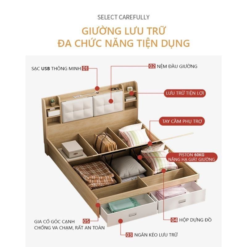 Giường Ngủ Thông Minh Nâng Hạ Có Ngăn Kéo, Kệ Sách - GP235