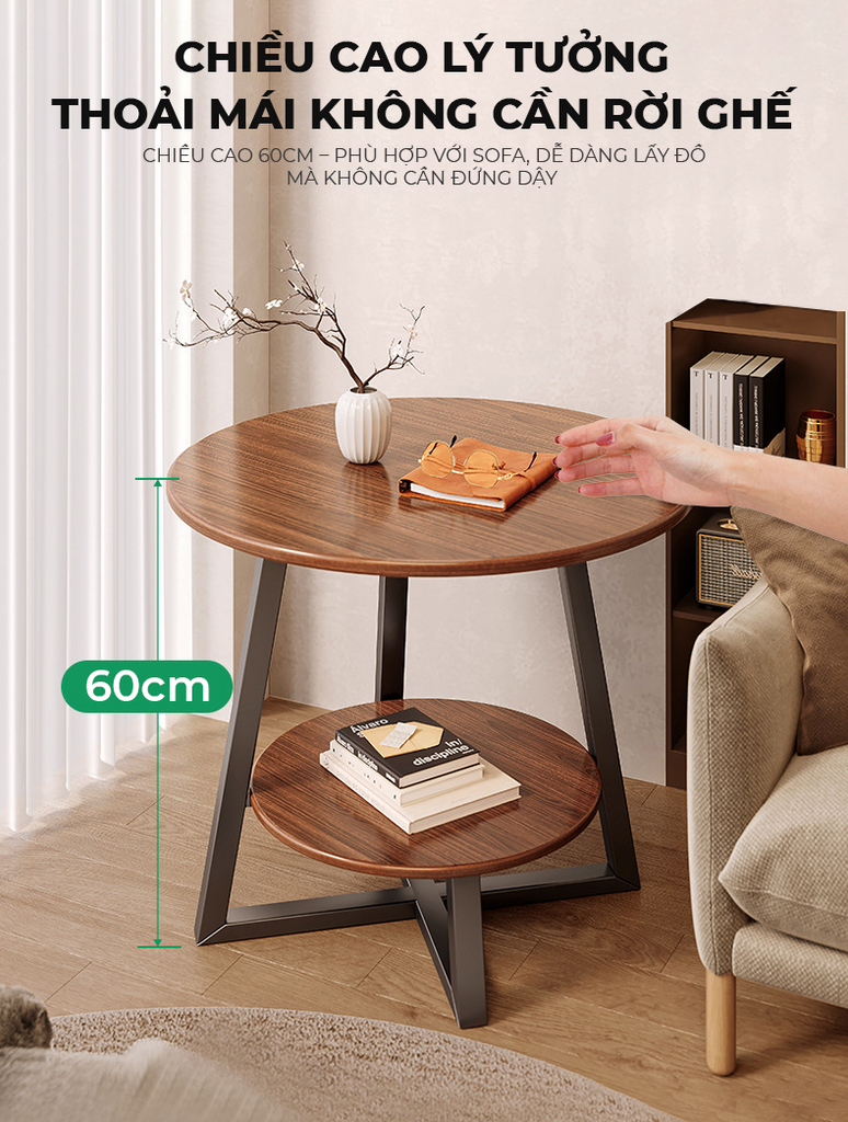 Bàn trà tròn 2 tầng đen óc chó GM206