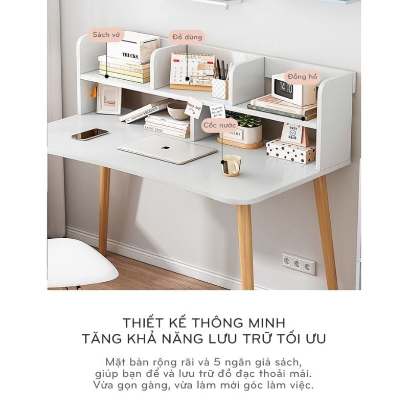 Bàn làm việc chân gỗ có giá để sách 2 tầng - GP197