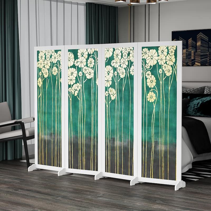 Bình phong in hoa trắng nền xanh - BP.IN.09