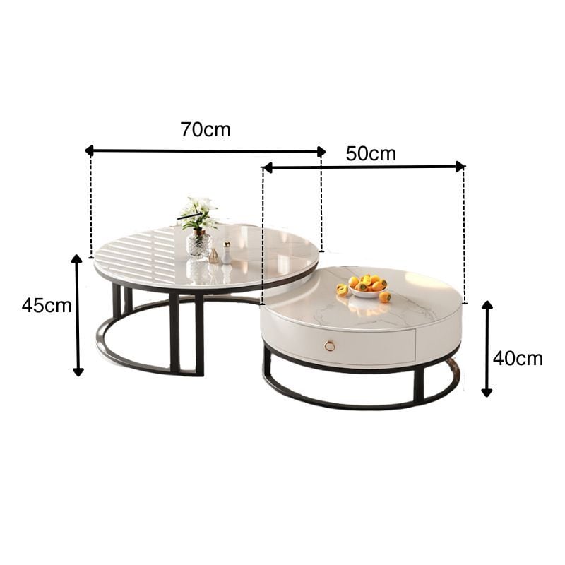 Bàn trà sofa đôi mặt vân đá tròn khung sắt có ngăn kéo - GM148