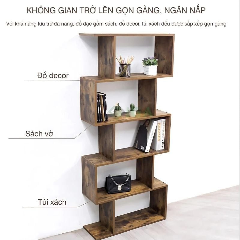 Kệ sách đứng 5 tầng chữ S màu gỗ cháy - GP191