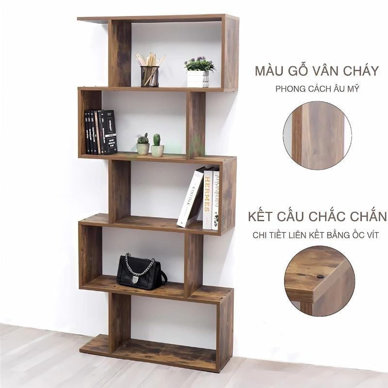 Kệ sách đứng 5 tầng chữ S màu gỗ cháy - GP191