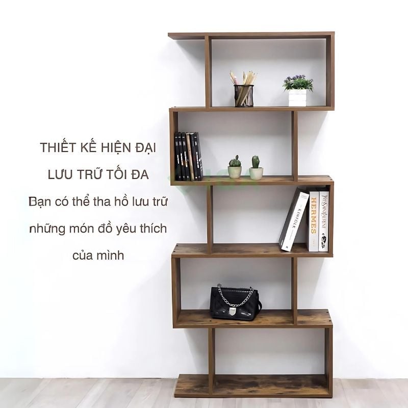 Kệ sách đứng 5 tầng chữ S màu gỗ cháy - GP191