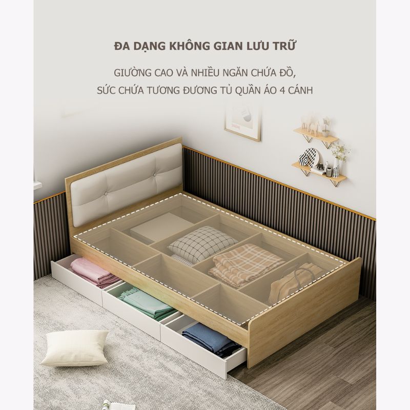 Giường đơn có ngăn kéo vân gỗ trắng 1m6x2m GP239