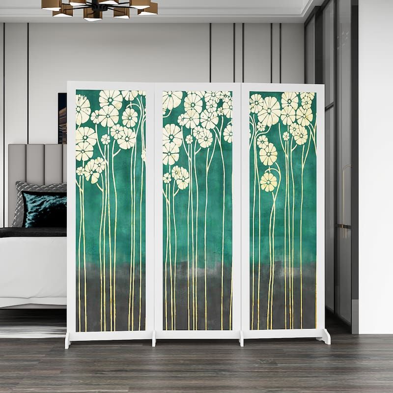 Bình phong in hoa trắng nền xanh - BP.IN.09