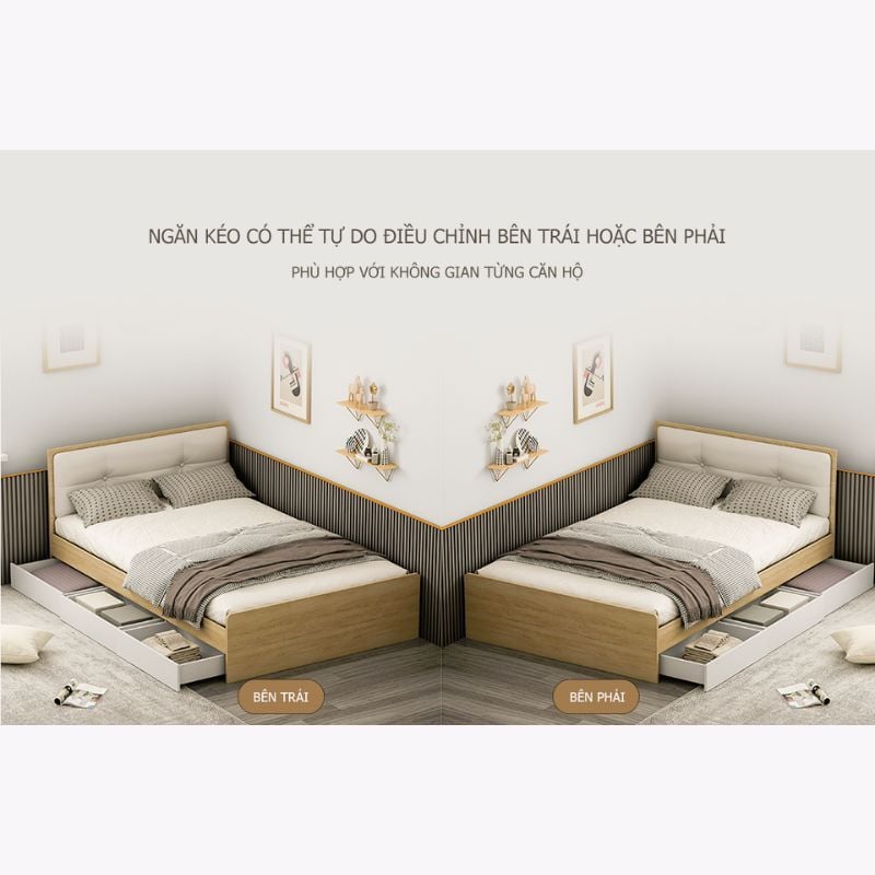 Giường đơn có ngăn kéo vân gỗ trắng 1m6x2m GP239