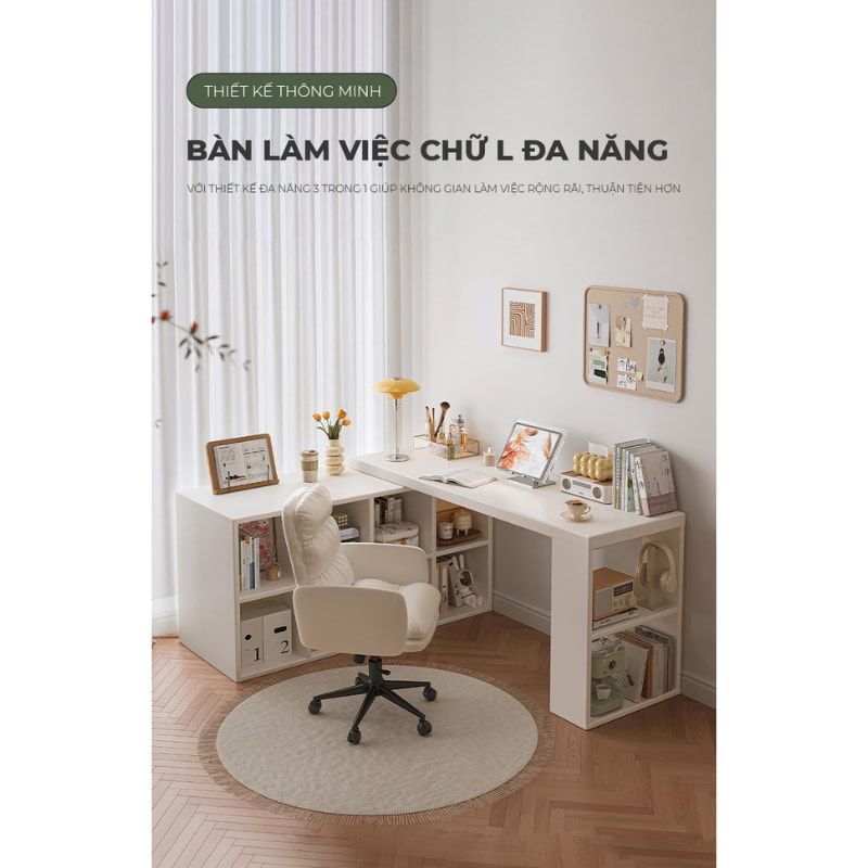 Bàn làm việc kèm tủ để đồ full trắng hiện đại, tiện lợi - GP368