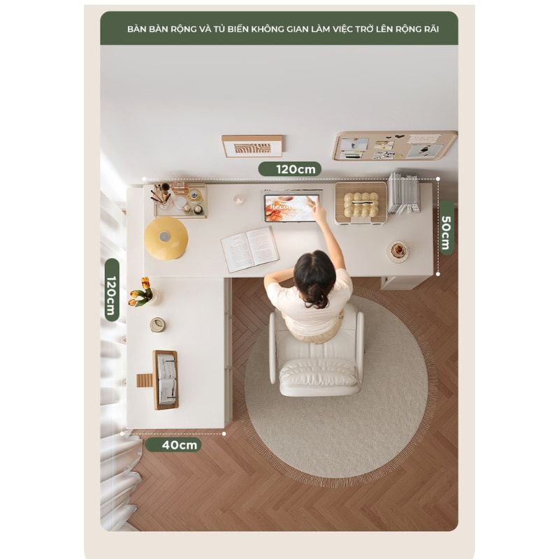 Bàn làm việc kèm tủ để đồ full trắng hiện đại, tiện lợi - GP368