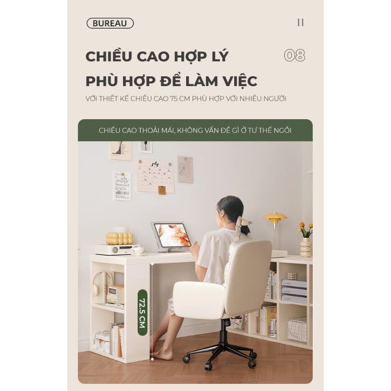 Bàn làm việc kèm tủ để đồ full trắng hiện đại, tiện lợi - GP368