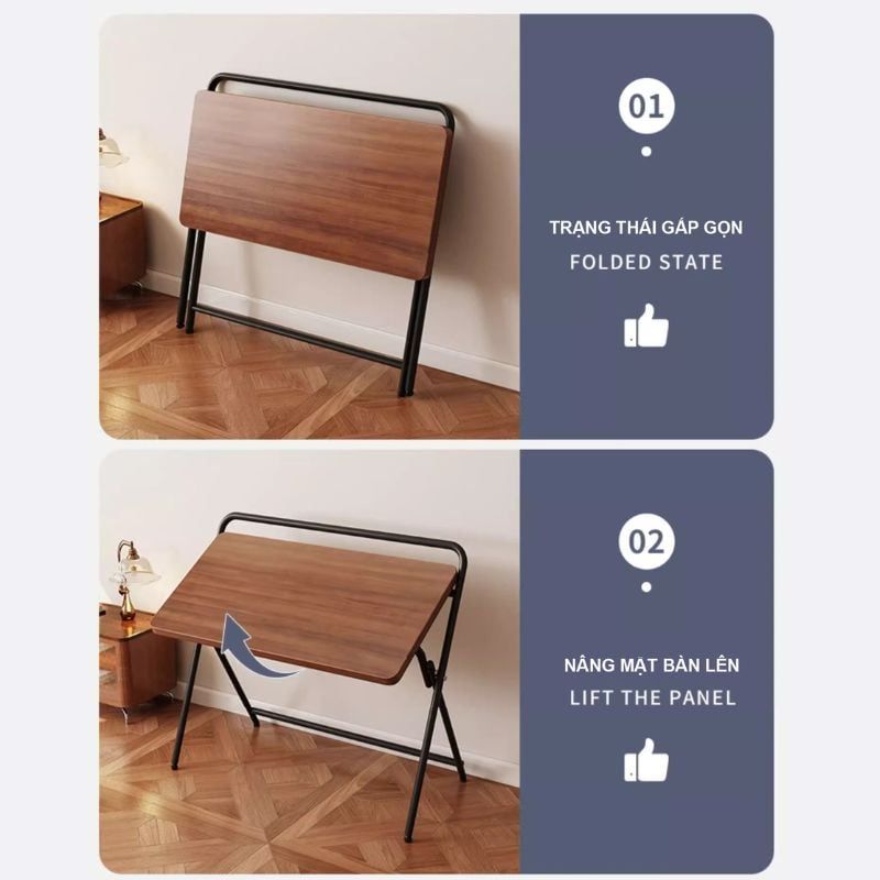 Bàn làm việc gấp gọn khung đen mặt óc chó GM139
