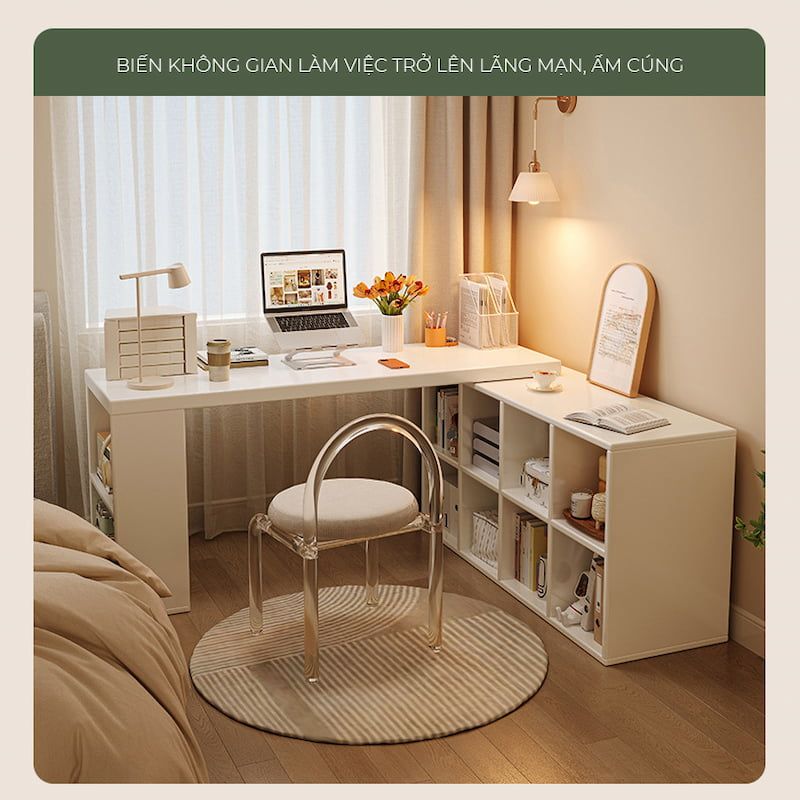 Bàn làm việc kèm tủ để đồ full trắng hiện đại, tiện lợi - GP368
