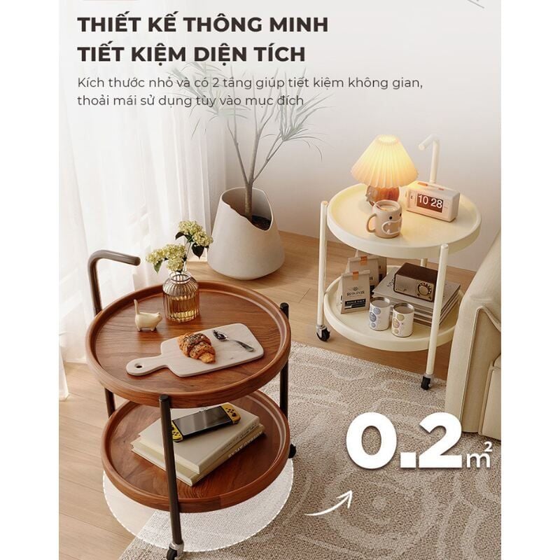Bàn trà di động 2 tầng chân đen mặt óc chó GM188.26