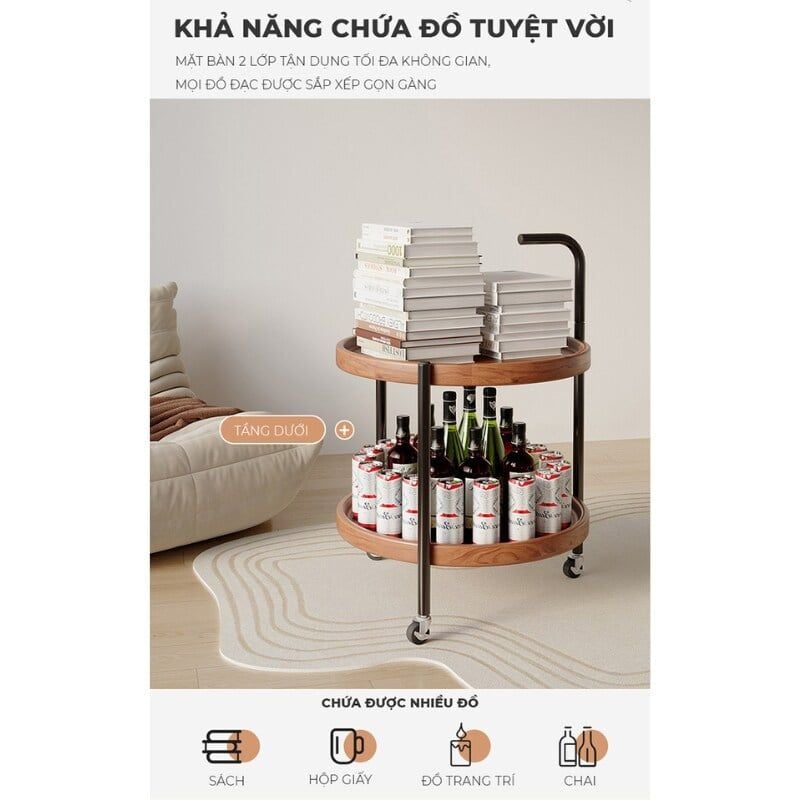 Bàn trà di động 2 tầng chân đen mặt óc chó GM188.26