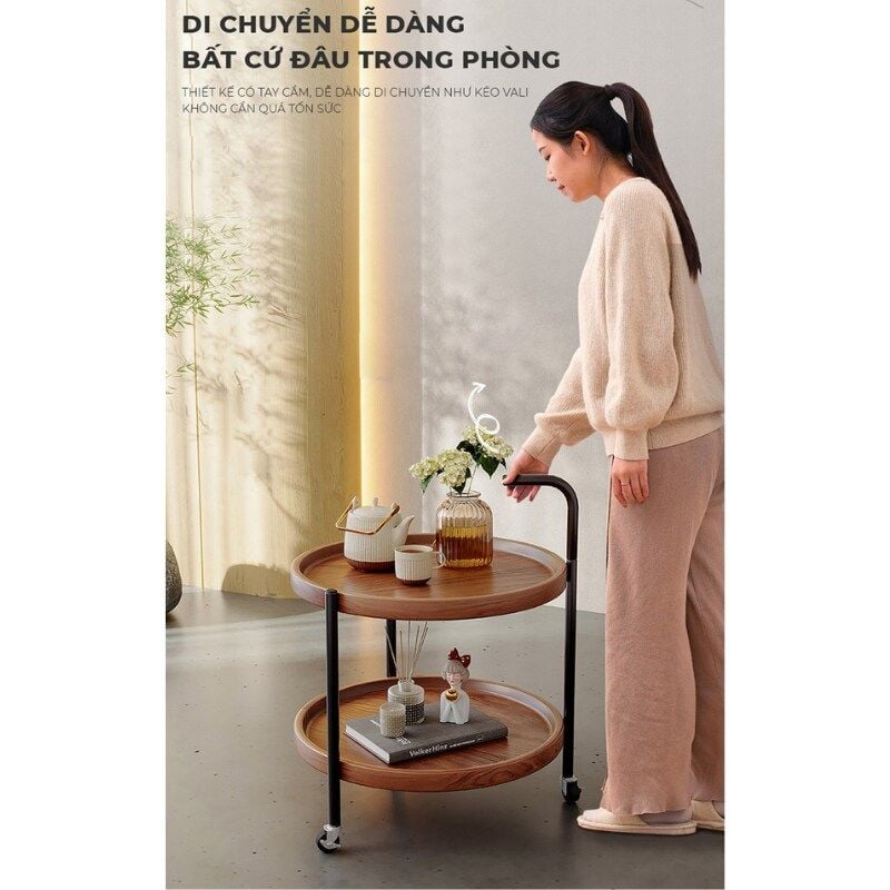 Bàn trà di động 2 tầng chân đen mặt óc chó GM188.26