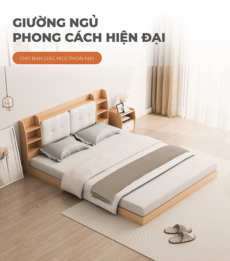 Giường bệt có đệm đầu giường vân gỗ GP388
