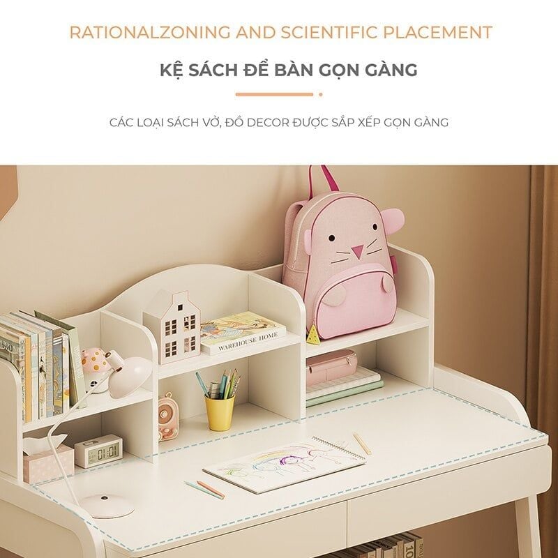 Bàn học sinh kèm giá để sách full trắng GM144