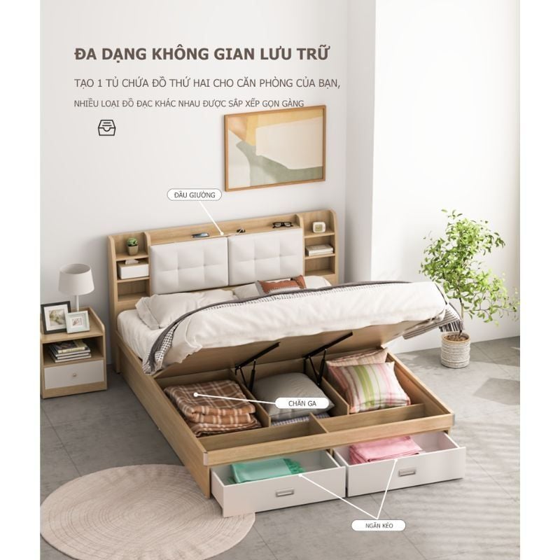 Giường Ngủ Thông Minh Nâng Hạ Có Ngăn Kéo, Kệ Sách - GP235