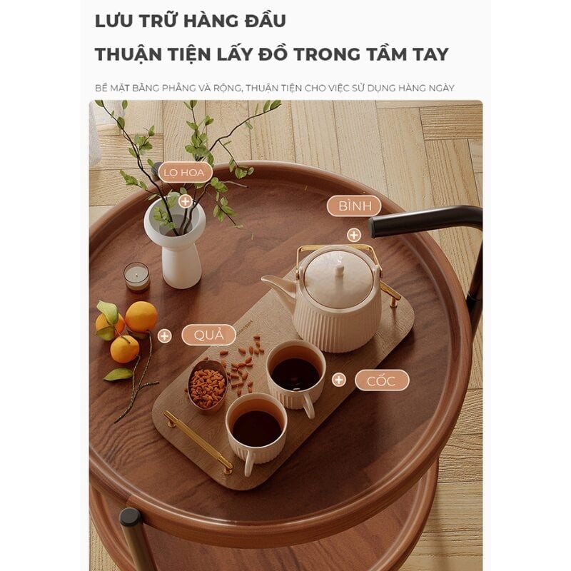 Bàn trà di động 2 tầng chân đen mặt óc chó GM188.26