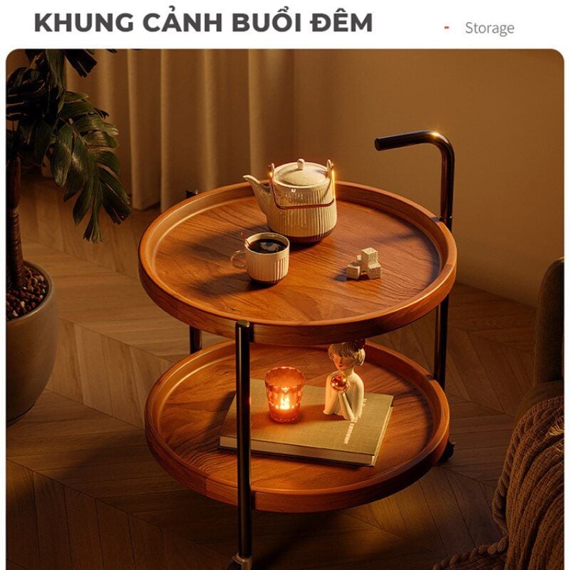 Bàn trà di động 2 tầng chân đen mặt óc chó GM188.26