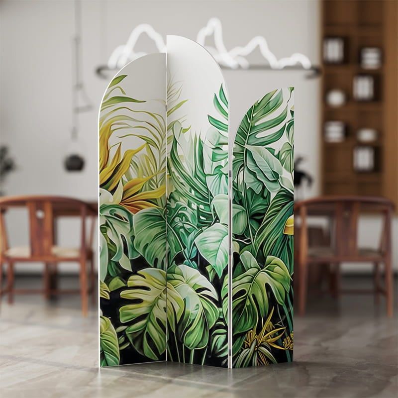 Bình phong in bộ 3 cánh họa tiết lá monstera nhiệt đới IG416.3