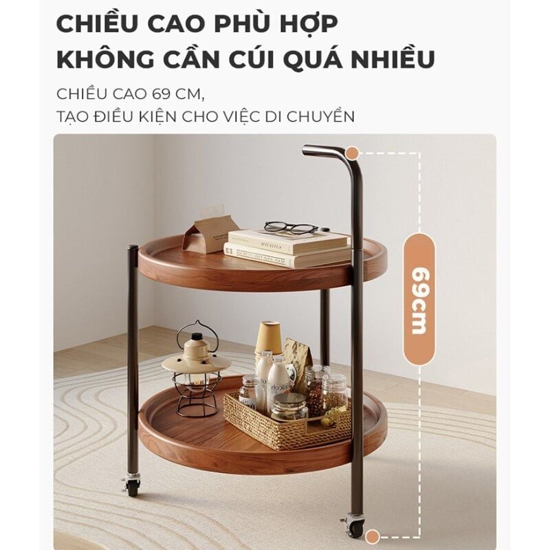 Bàn trà di động 2 tầng chân đen mặt óc chó GM188.26