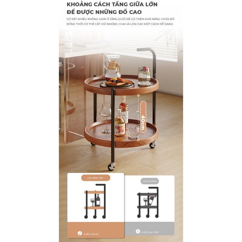 Bàn trà di động 2 tầng chân đen mặt óc chó GM188.26